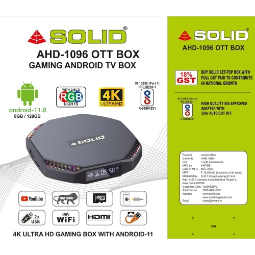 SOLID AHD-1096 8GB/128GB Android 11 TV Box with RGB And Free FREE OTT SUBSCRIPTION 