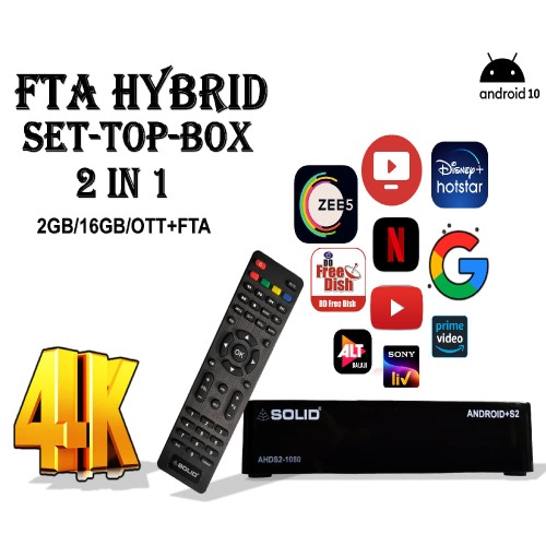 SOLID AHDS2-1080 DD Free dish Suitable FTA Hybrid  Android 10 Smart Box With THREE MONTHS OF FLEXI OTT SUBSCRIPTION 