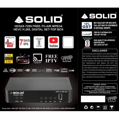  SOLID HDS2X-7299 HEVC 8bits H.265 Free-To-Air Set-Top Box With Free Wi-Fi Dongle