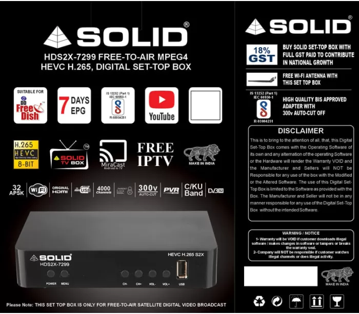  SOLID HDS2X-7299 HEVC 8bits H.265 Free-To-Air Set-Top Box With Free Wi-Fi Dongle