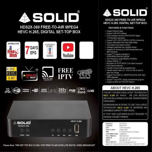  SOLID HDS2X-369 HEVC 8bits H.265 Free-To-Air Set-Top Box With Free Wi-Fi Dongle