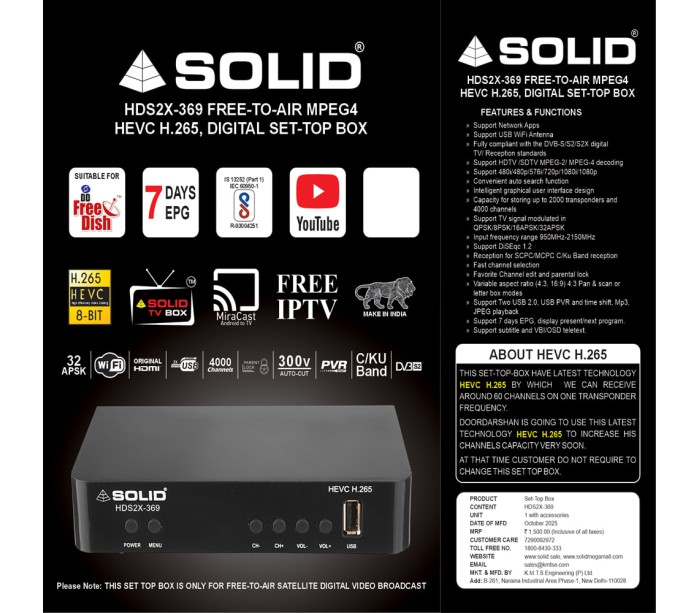  SOLID HDS2X-369 HEVC 8bits H.265 Free-To-Air Set-Top Box With Free Wi-Fi Dongle