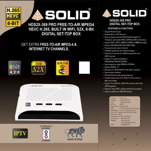  SOLID HDS2X-369Pro S2X, HEVC 8bits H.265 Free-To-Air Set-Top Box with Inbuilt Wifi