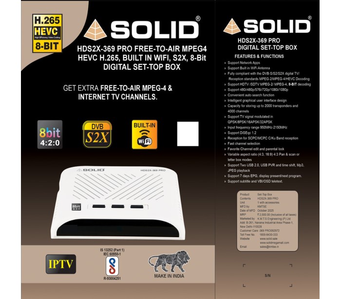 SOLID HDS2X-369Pro S2X, HEVC 8bits H.265 Free-To-Air Set-Top Box with Inbuilt Wifi