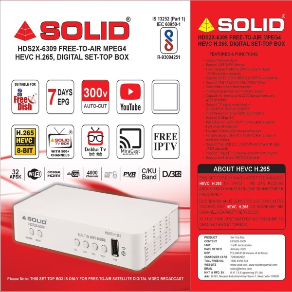SOLID HDS2X-6309 FREE-TO-AIR MPEG4 HEVC H.265, DIGITAL SET-TOP BOX With Inbuilt Wifi