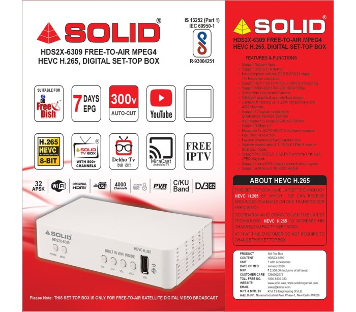 SOLID HDS2X-6309 FREE-TO-AIR MPEG4 HEVC H.265, DIGITAL SET-TOP BOX With Inbuilt Wifi