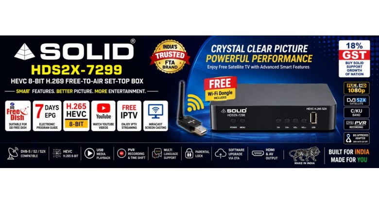 SOLID HDS2X-7299 HEVC 8-Bit H.265 Free-To-Air Set-Top Box with Free Wi-Fi Dongle