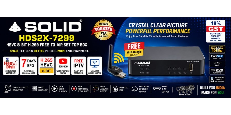 SOLID HDS2X-7299 HEVC 8-Bit H.265 Free-To-Air Set-Top Box with Free Wi-Fi Dongle