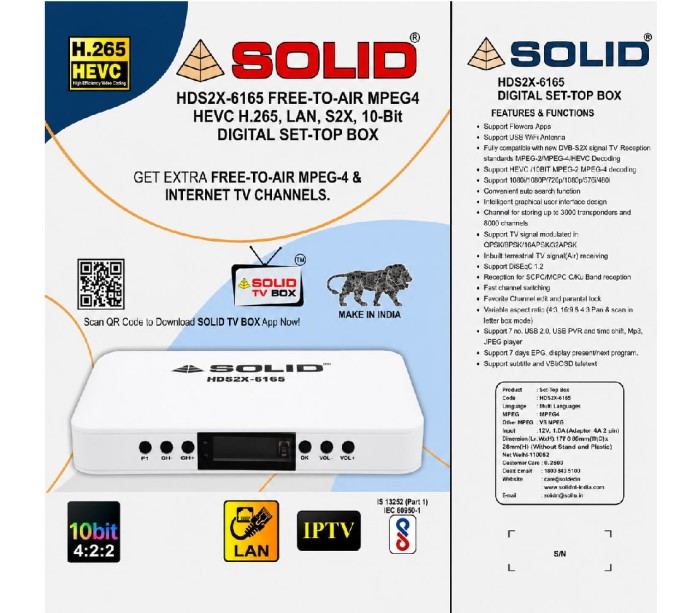 SOLID HDS2X-6165 DVB-S2X H.265 10-Bit HEVC Full HD Set-Top Box for DD Free Dish