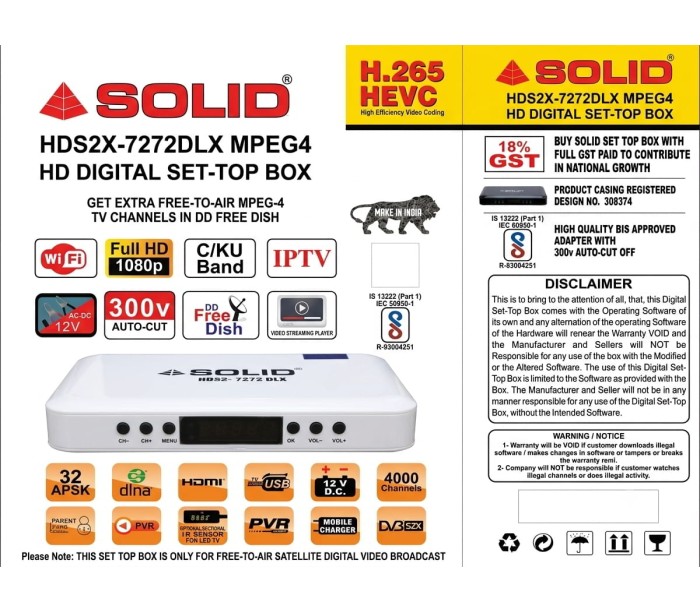 SOLID HDS2X-7272DLX  S2X H.265 HD FTA Set-Top Box