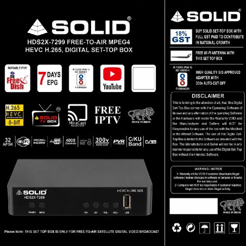 SOLID HDS2X-7299 HEVC 8bits H.265 Free-To-Air Set-Top Box With Free Wi-Fi Dongle SOLID HDS2X-7299 HEVC 8bits H.265 Free-To-Air Set-Top Box With Free Wi-Fi Dongle