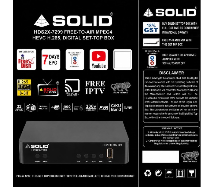 SOLID HDS2X-7299 HEVC 8bits H.265 Free-To-Air Set-Top Box With Free Wi-Fi Dongle
