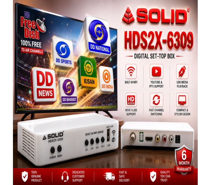SOLID HDS2X-6309 DVB-S2 HD Digital Set Top Box with Inbuilt WiFi | MPEG4 HEVC H.265 Free-to-Air Satellite Receiver
