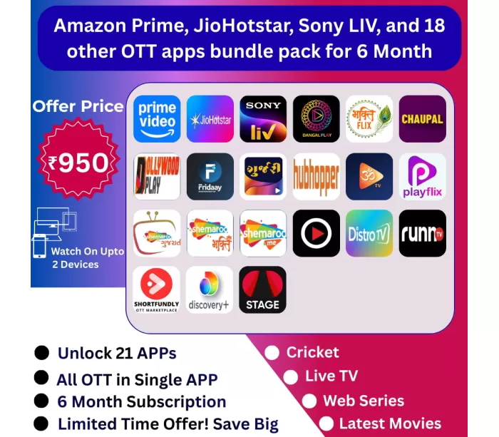 Amazon Prime, JioHotstar, Sony LIV, and 18 other OTT apps bundle pack for 6 Month