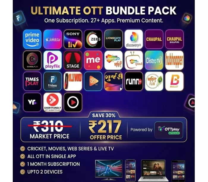 Ultimate OTT Bundle Pack in India – 27 Streaming Apps Including Amazon Prime Video, Jio Hotstar, SonyLIV & ZEE5 in One Subscription