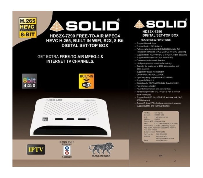  SOLID HDS2X-7290 S2X, HEVC 8bits H.265 Free-To-Air Set-Top Box with Inbuilt Wifi